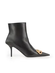 Black Leather Logo Plate Ankle Boots