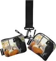 [XYMZR] Mini Zip Around Wristlet keychain Wallet Black Cat Halloween Window for Women Personalized Pattern Detachable Dual Pouch Wristlet Portable Wallet Phone Coin Purse, Multi-colored, One Size