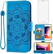 Compatible with iPhone 7/8/SE 2020 Wallet Case and Tempered Glass Screen Protector Flip Cover Phone Cases for iPhone7 iPhone8 i Phone7case Phone8case Phones8 7s 8s iPhoneSE SE2020 SE2 2 Women Men Blue