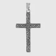 925 Sterling Silver Mens Straight Cross Pendant Religious Necklace with Design Rhodium Plated