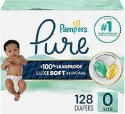 Pampers Diapers Size 0, 128 Count - Pure Protection Disposable Baby Diapers, Hypoallergenic and Unscented Protection, Enormous Pack (Packaging & Prints May Vary)