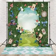 Newsely Wonderland Tea Party Photo Backdrop 5Wx7H Photography Key Hold Checkerboard Green Grass Fence Decorations Background for Newborn Baby Shower Fairy Castle Tale Tapestry Banner Props Supplies