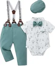 [SOLOYEE] Baby Boy Suit 18-24 Months Infant Baby Boy Clothes Wedding Gentleman Outfits Boys Short Sleeve Shirt + Bowtie+Beret+Suspender Pants Baby Tuxedo Ropa de Bebe Niño, Green+white, 18-24 Months