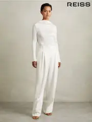 Reiss Cream Lydia Double Pleat Wide Leg Tux Trousers (E28584) | $350