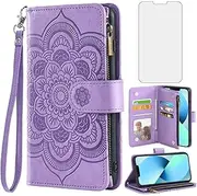 Asuwish Compatible with iPhone 13 6.1 inch Wallet Case and Tempered Glass Screen Protector Flower Leather Flip Card Holder Cell Phone Cover for iPhone13 5G i i-Phone i13 iPhone13case Women Men Purple