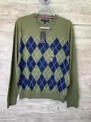 Tommy Hilfiger Sweater Mens M Green V Neck Pullover Argyle Diamond Long Sleeve
