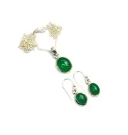 925 SOLID STERLING SILVER GREEN ONYX HOOK EARRING CHAIN PENDANT SET W020