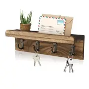 Rustic Key Holder for Wall, Farmhouse Wall Shelf with 4 Hooks, Wall Brown