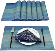 WANGCHAO Placemats Set of 8 Placemats Dining Room Table Mats Woven Vinyl Washable Durable Heat-Resistant Non-Skip Kitchen Strip PVC Placemats(Sky Blue)