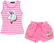 [Aelstores] Girls Unicorn Outfit Shorts Set Vest Top Striped Sequin 2 Piece Summer Tank Tee 2-12 Years