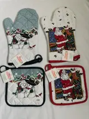 Happy Holidays Matching Oven Mitt And Potholder Set 2 Sets Snowman And Santa