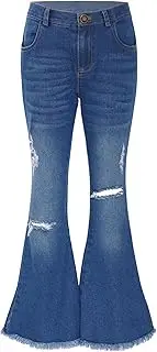 [Riismen] Kids Girls Flared Bootcut Jeans Washed Blue Ripped Denim Bell-Bottom Long Pants Casual Daily Wear