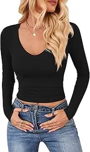 [FEOYA] Slim Top Women's Crop Top Long Sleeve Tops V Neck T Shirts Slim Shirt Tight T-Shirt Plain Top Stretchy Top Aesthetic Streetwear