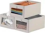 Storage Bins,3 pcs Foldable Linen Storage Baskets Boxes with Clear Window,Storage Clothing Bins,Large Closet Storage Box for Organizing Shelves,for Clothes,Toys,Shelf（Beige）
