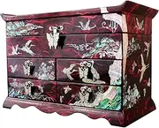 Mother of Pearl Crane and Pine Tree in Red Mulberry Paper Design Wooden Jewelry Mirror Trinket Keepsake Treasure Drawer Lacquer Box Case Chest Organizer
