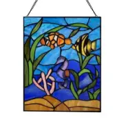 Stained Glass Window Panel Fish Underwater Ocean Scene Vertical Hanging Chain