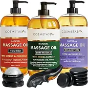 Cosmetasa Luxury Spa Treatment Gift Set- Relaxation, Nourish and Sore Muscle Massage Oil with Hot Stones, Roller Ball and Thumb Saver Massage Tools