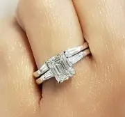 Platinum 3.10 Ct Emerald Cut & Baguette Diamond Engagement Ring Set F VS2 GIA
