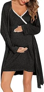 [SWOMOG] Womens Maternity Robe 2 Piece Nursing Nightgown for Breastfeeding 3 in 1 Labor Delivery Nursing Dress Lace Bathrobe