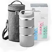 Lille Home Stackable Stainless Steel Thermal Compartment Lunch/Snack Box, 3-Tier Insulated Bento/Food Container with Lunch Bag and 3 Extra Seals, 43OZ