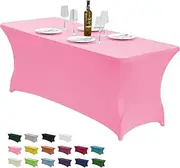 CWK 6FT Stretch Spandex Table Cover for Rectangular Fitted Folding Tables, Wrinkle Resistant, Elastic Stretchable Patio Tablecloth Protector for Party, Banquet, Wedding and Events (Pink)