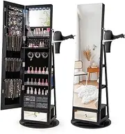 Giantex 360° Swivel Jewelry Cabinet w/Full-Length Mirror, Lockable Jewelry Armoire w/Hair Dryer Rack & Rear Shelves, Freestanding Jewelry Organizer w/LED Lights & Vanity Mirror (Black)