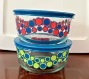 Set of two New Pyrex Red Blue Green Dots Clear Glass Bowls 1 Quart Vintage