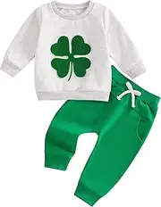 [Lesimsam] Toddler Baby Boy Girl St. Patrick's Day Outfit Four-Leaf Clover Embroidery Long Sleeve Sweatshirt Top and Pants Set
