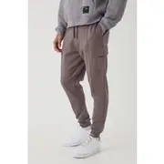 Mens Taupe Slim Fit Heavyweight Interlock Cargo Jogger