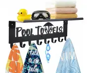 Pool Towel Rack with Shelf, 8 Hooks Towel Holder Wall Mounted for Outdoor or Bathroom, Towel Hanger for Hanging Bathrobes, Towels, Clothes - Perfect Pool