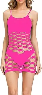 [Generic] Women Sexy Fishnet Lingerie Dress Straps Sleepwear Mesh Night Gowns Bodysuit See Through Chemise Nightgowns 2PC