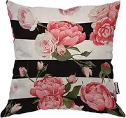 Moslion Floral Pillow Cover Pink Reony and Rose Flower Green Leaves on Black White Stripes Throw Pillow Case 16x16 Inch Cotton Linen Square Cushion Decorative Cover for Sofa Bed, Cotton Linen, B653-1, 18x18 Inch