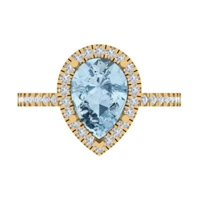 2.38Ct Pear Cut Blue Gemstone Solid Gold Halo Engagement Promise Statement Ring