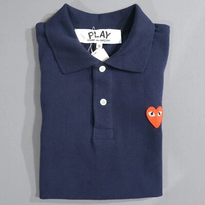 Comme Des Garçons PLAY Mens SM Heart Mesh Polo Shirt Navy Blue Preppy ￼