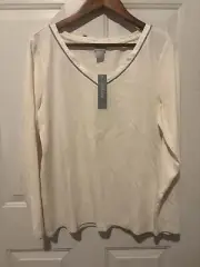 Chico's Blouse Top Ivory NWT Long Sleeve V Neck Glitter Size 2 Large Sparkle