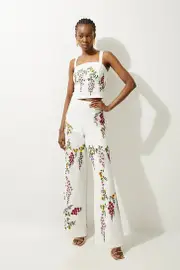 Floral Embroidered Cotton Linen Woven Strappy Top