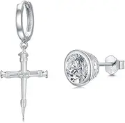 [Lattd] 925 Sterling Silver Cross Hoop Earrings with 5A Cubic Zirconia Studs Earrings for Men and Women