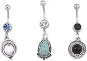 [Niaspi] 3Pcs Boho Belly Button Bars Ring for Women Unisex Vintage Teardrop Turquoise Dangle Belly Navel Ring Retro Bohemian CZ Round Oval Shaped Dangling Belly Barbell Body Piercing Jewelry Gifts,