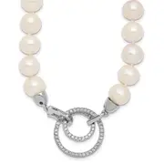 Sterling Silver Rh 10-11mm White Fwc Pearl Cz Clasp Adjust. Necklace