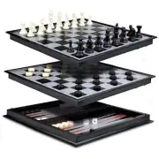 12" Large Travel Chess, Checkers and Backgammon Set for Adults and Chess 3 in 1