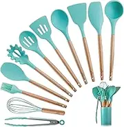 Silicone Kitchen Cooking Utensils Set with Wooden Bamboo Handles (11 Piece) | Durable Cookware Tools | BPA-Free, Non-Stick Safe, Non-Toxic | Gadgets Include Tongs, Spatula, Turner, Ladle and More