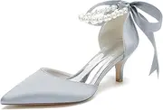 [Minishion] Womens Elegant Wedding Heels Pointed Toe Ankle Chain Evening Formal Pumps with Ribbon BR106, Br280 Silver 6cm Heel, 7 US