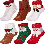 [Vergissmeinnicht] 6 Pairs Christmas Plush Socks for Women Xmas Festive Coral Fleece Slipper Socks Christmas Fuzzy Winter Warm Thicken Home Socks 3D Xmas Pattern Socks for Ladies Girls Christmas Day Gifts, Multi, Large