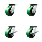 5 Inch Green Poly on Cast Iron Swivel Caster Set 2 Swivel Locks 2 Brakes SCC