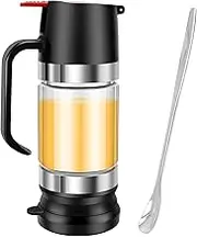 DJAPWPX-Glass Honey Dispenser Pot, 300ml Easy Refill Syrup Dispenser Jar with Handle and Spoon, Honey Jar, Clear Maple Syrup Dispenser, No Drip Honey Container Pot for Honey Syrup (Black)