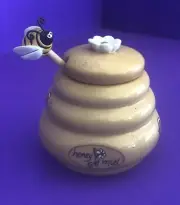 Ceramic Honey Miel Lidded Beehive Pot Jar w/Bumble Bee Honey Dipper SALE!