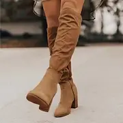 Women's Tan Suede Knee-High Boots with Pointed Toe and Block Heel - Stylish and Comfortable Fall and Winter Footwear