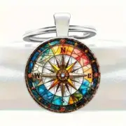 1pc Funky Stained Glass Compass Keychain Pendant – Zinc Alloy Nautical Decor