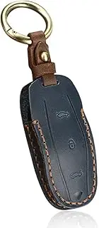 HIBEYO New Luxury Genuine Leather Car Key Fob Case Cover for Tesla Model X Model S Model 3 with Keychain Smart Key Shell Holder Accessories 3 Button-Bule