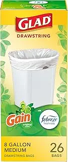 Glad Medium Drawstring Trash Bags, 8 Gal, Gain Original Scent with Febreze, 26 Ct, Pack May Vary